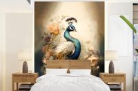 Nr1Wallpaper Fotobehang Pauw - Pauwenveren - Bloemen - Vogels - Botanisch - 160x220 cm - Vliesbehang