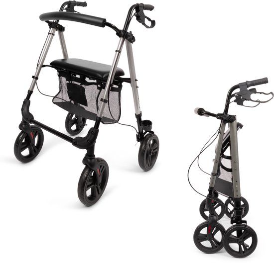 Déambulateur Parvum Nova Rollator - Lichtgewicht (6,9kg) en opvouwbaar - Incl. stokhouder & rugleuning - Grijs