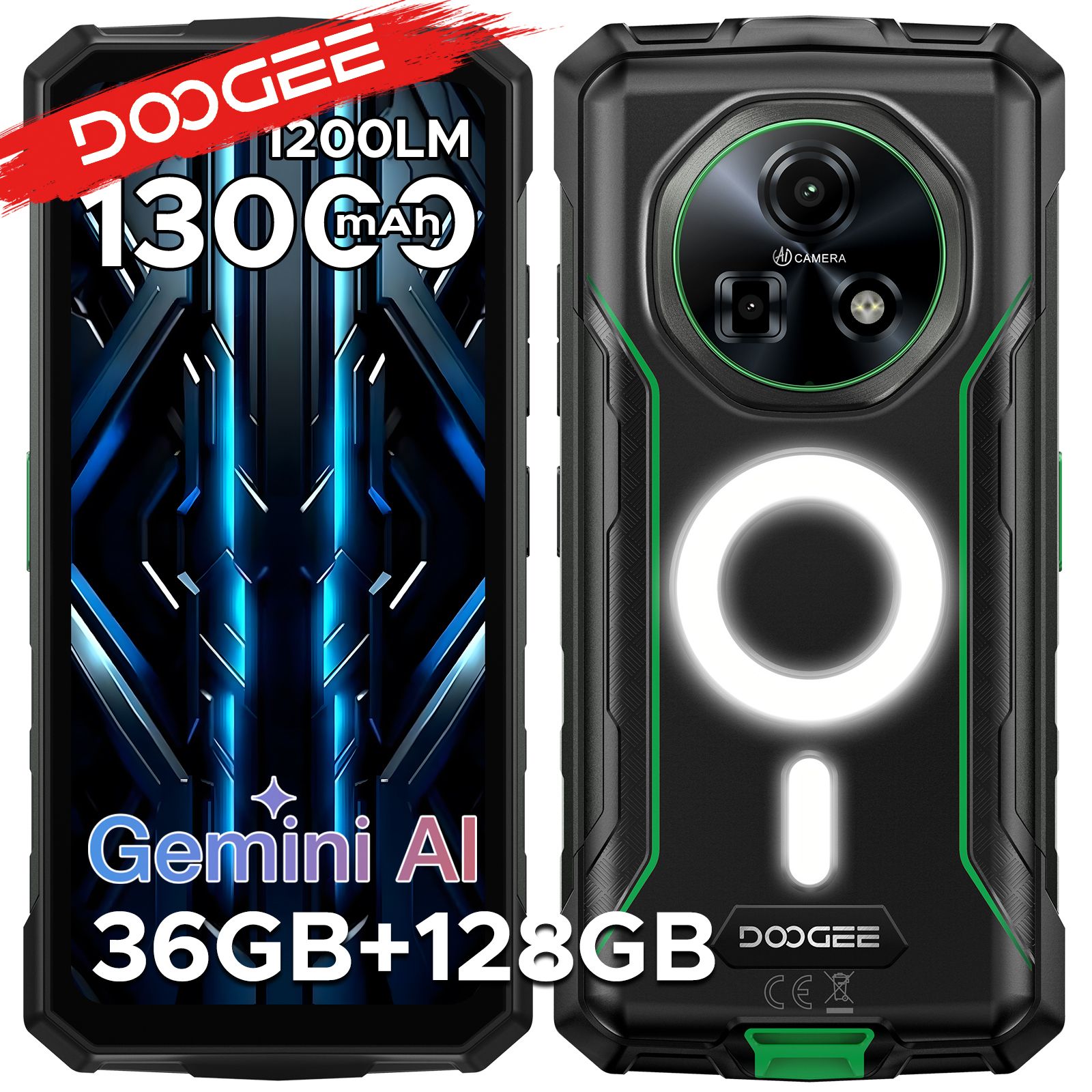 DOOGEE Fire 5 Ultra Dual Camping Lampjes 6,6" Robuuste Telefoon 13000mAh Batterij 36GB RAM (6+30) 128GB ROM Google Pay NFC Helio G81 Smartphone