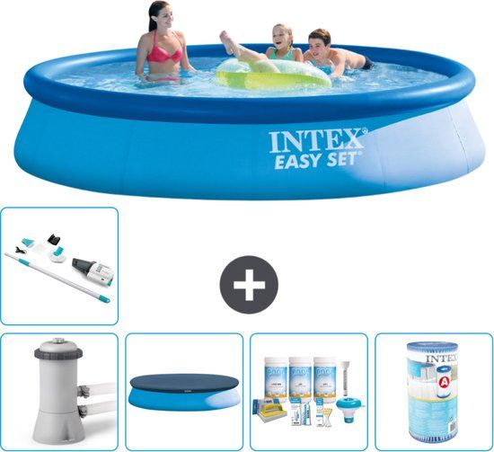 Intex Easy Set Zwembad - 396 x 84 cm - Blauw - Rond - Familiebad - Inclusief Pomp, Afdekzeil, Onderhoudspakket, Filter & Stofzuiger