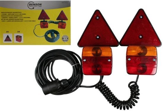 Benson Trade Magneet Verlichting set met reflector driehoek voor aanhanger of fietsdrager met 2,5 m x 7,5 M kabel