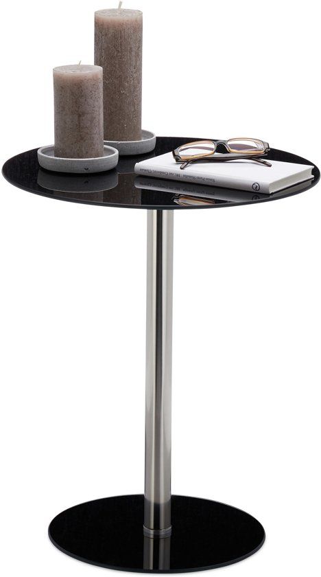 Relaxdays Bijzettafel glas edelstaal rond - designertafel - salontafel - koffietafel tafel zwart