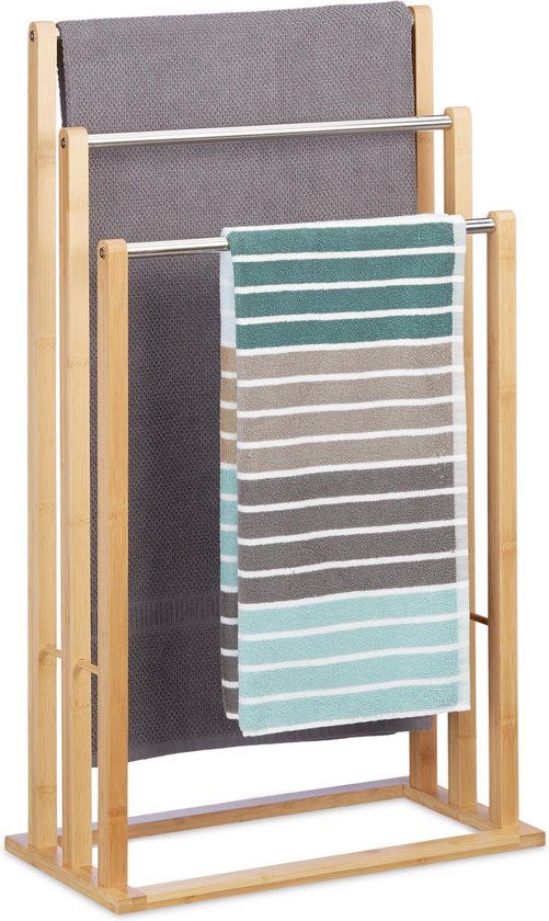 Relaxdays Handdoekrek Bamboe - 3 Stangen - Staand - 84 x 48 x 26 cm - Lichtbruin/Zilver