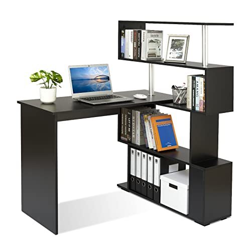 Meerveil Computertafel, L-vormig, hoekbureau, met 360 graden draaibaar boekenrek voor kantoor, werkkamer, 157 x 45 x 130,5 cm, zwart