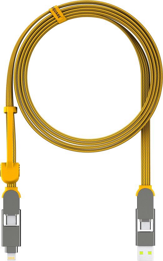 inCharge XL 2m Geel | USB, USB-C, Lightning | Oplaadkabel