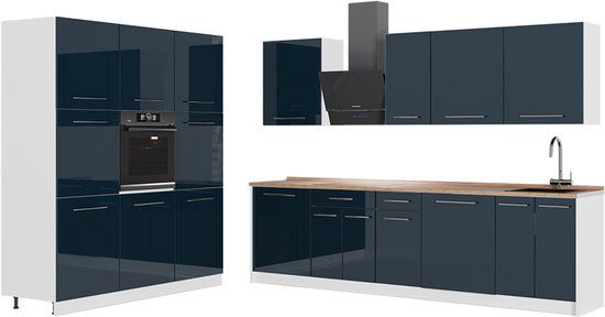 Vicco Complete keukeneenheid Fame-Line, Donkerblauw hoogglans/Wit, 460 cm, WB Eik