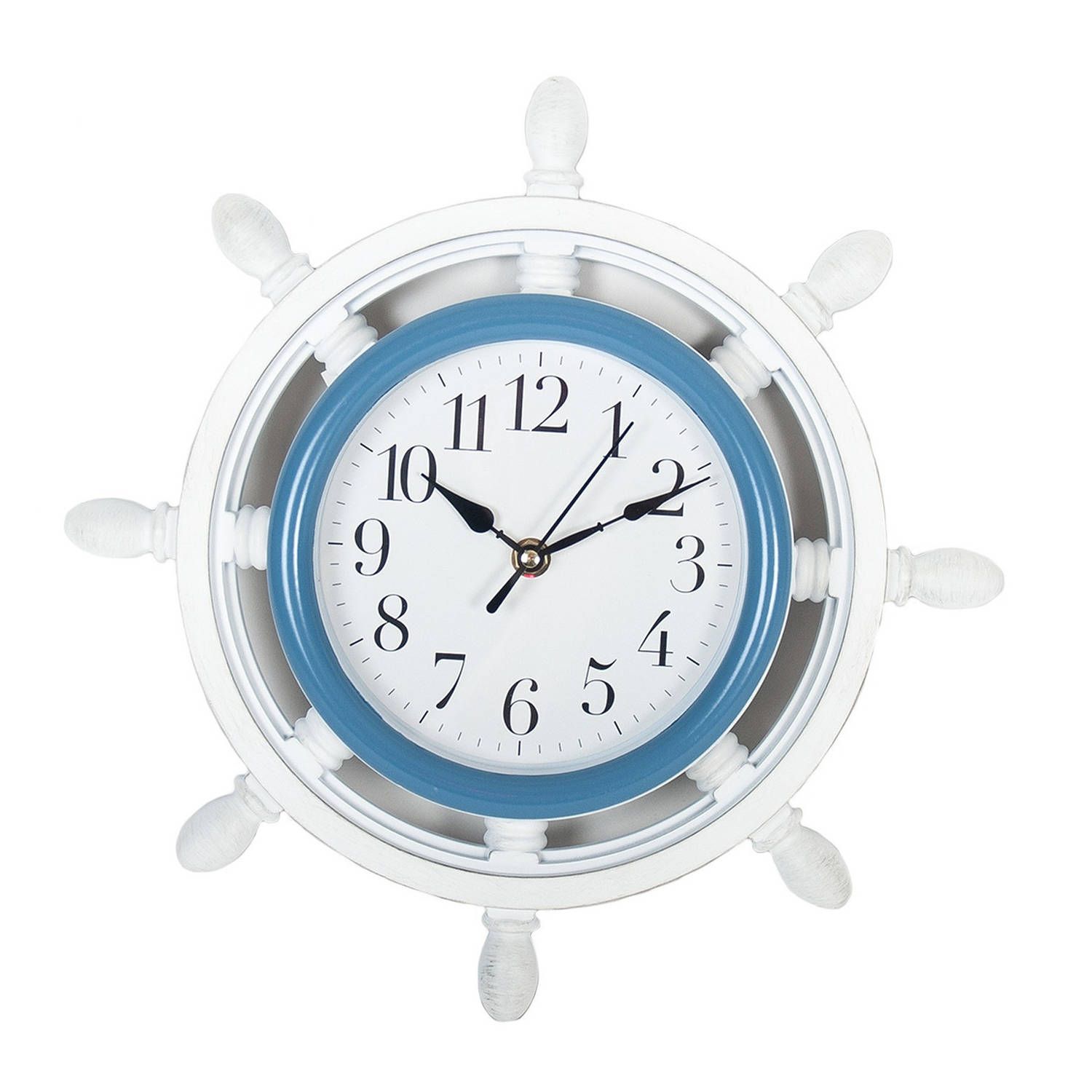 Wandklok 33 cm stuurwiel/roer wit met blauw - Klokken - Wandklokken/muurklokken met nautisch/zee thema