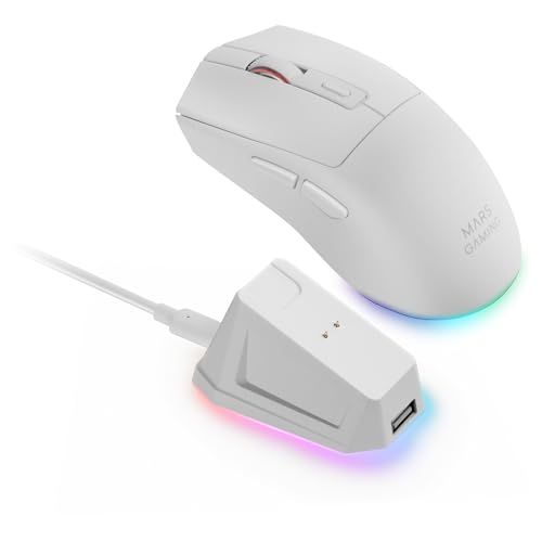 Mars Gaming MM‑T3, Ultralicht Draadloze Muis, Bluetooth 5.0 + 2.4 GHz + Kabel, Optische Sensor PIXART PAW3104PRO 14400 DPI, Magnetische RGB‑Oplaadbasis, Huano‑Switches, Besturingssoftware, Wit