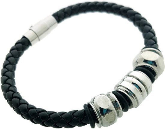 Aramat Jewels Gevlochten leren armband met edelstalen kralen - zwart - heren - 20 cm