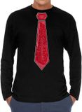 Bellatio Decorations Verkleed shirt heren - stropdas glitter rood - zwart - carnaval - longsleeve XL