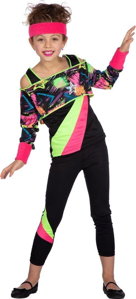 Wilbers Spetterend Neon 80s Aerobics Meisje Kostuum Zwart