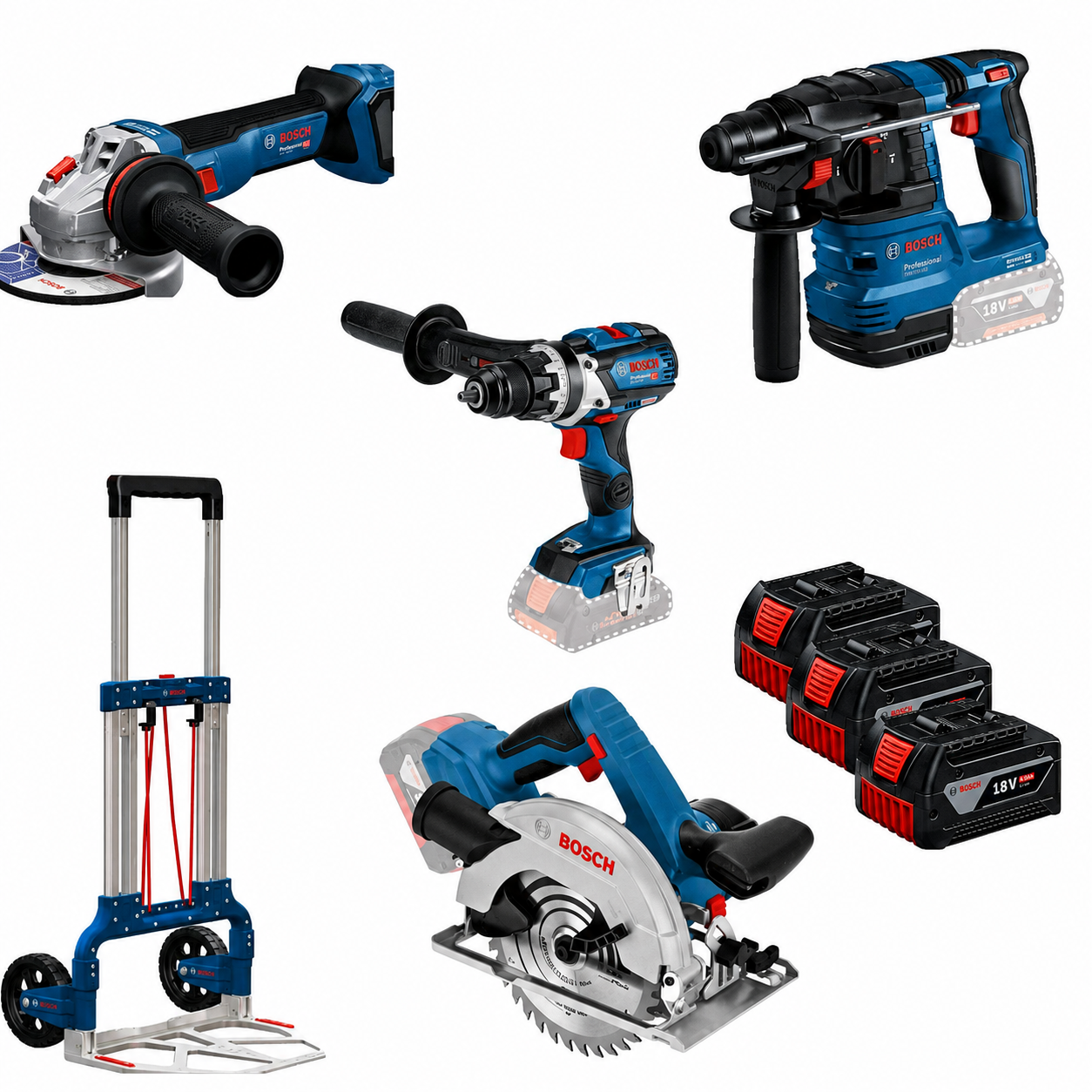 Bosch Blauw Accutoolkit 4 TOOLKIT 18V GSR 18V-110 C + GBH 18V-22 + GWS 18V-11 + GKS 18V-57 G | Alu Caddy + 3x 5.0Ah + GAL 12V/18V-80 - 0615A500HB