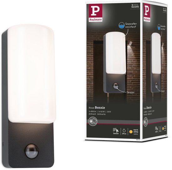 Paulmann LED-wandarmatuur voor buiten Bonnie Schemergestuurde bewegingsmelder (IR) IP44 93x263 mm 3000K 8,5W 560lm 230V Antraciet Aluminium