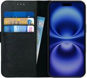 Rosso Deluxe Echt Leer Hoesje Geschikt voor Apple iPhone 16 Plus | Ruimte voor drie pasjes | Portemonnee Book Case | Met Pasjeshouder | Zwart