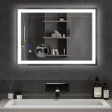 Mondeer Led-badkamerspiegel met verlichting, 50 x 70 cm, wandspiegel met aanraakschakelaar, anti-condens en afneembaar, 5 x vergrootglas, afneembaar, 3 lichtkleuren, dimbaar, voor badkamer, 3000 K -