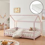 [en.casa] Kinderbed "Sisimiut" met matras en valbeveiliging, grenenhout, 120 x 200 cm, roze/wit