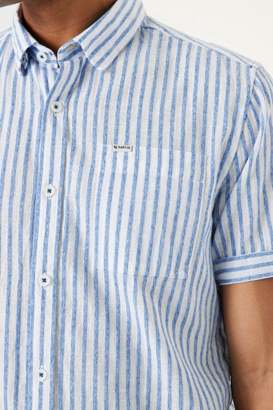 GARCIA Heren Overhemd Blauw - Maat XXL - Korte Mouw - Katoen - Gestreept - Casual - Lente/Zomer 2024