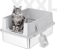 Merkloos Kattenbak van roestvrij staal met hoge rand en schep, halfopen model, 70 x 50 x 30 cm, lichtgrijs