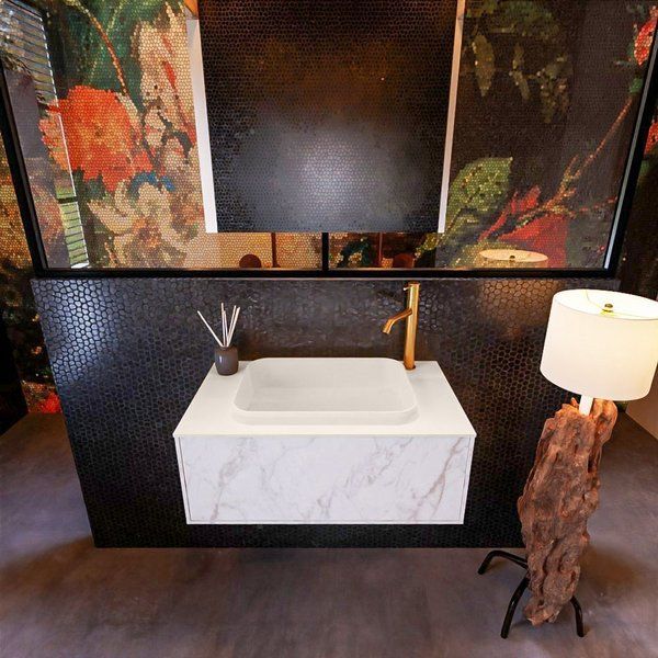 Mondiaz ERIN 80cm badmeubelset onderkast kleur carrara met 1 lade Wastafel RIDGE midden 1 kraangat kleur Linen ERIN12960