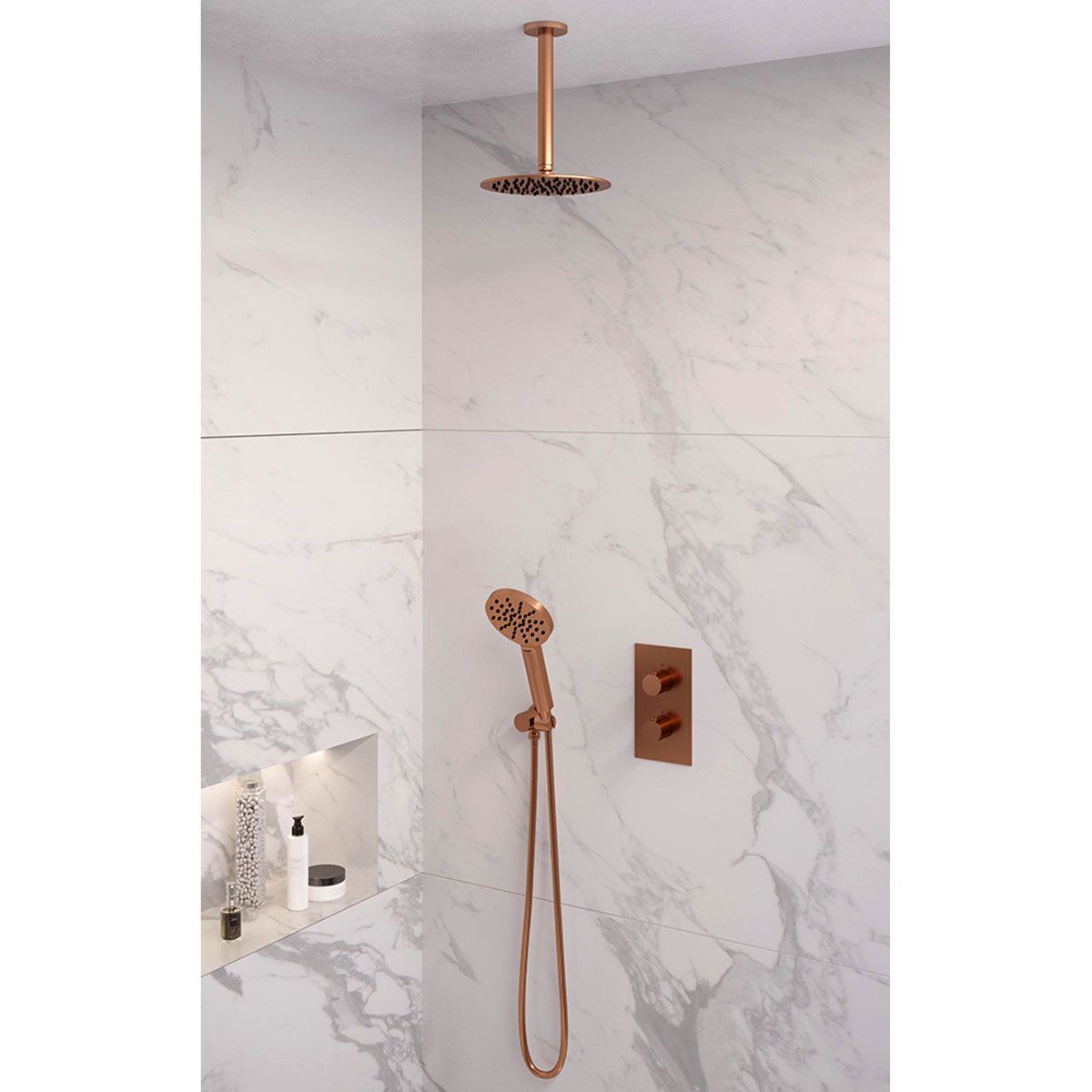 Brauer Regendoucheset 35 Inbouw Muur Copper Edition 20cm Rond Geborsteld Koper PVD 2 Greeps 3-weg met Thermostaatkraan en Handdouche