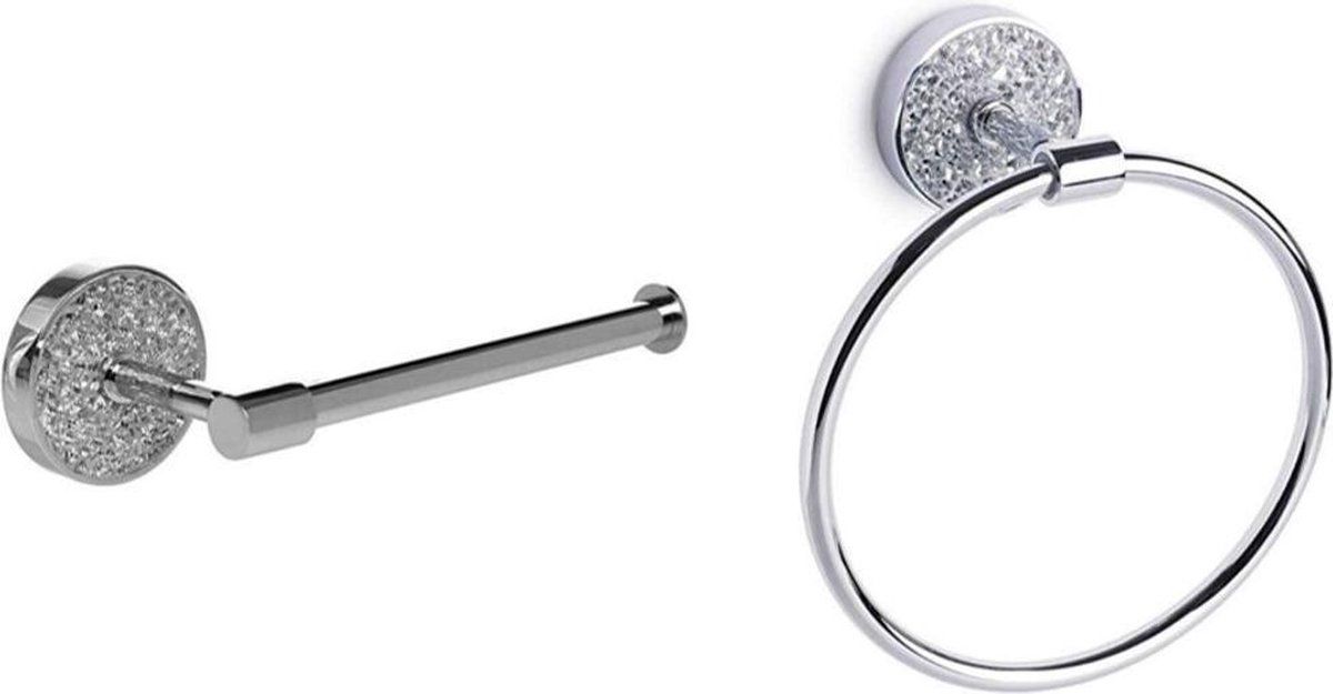 now4you.nl Zilveren Toiletrolhouder & Handdoekring set Mozaïek glas - Metaal - Zilver