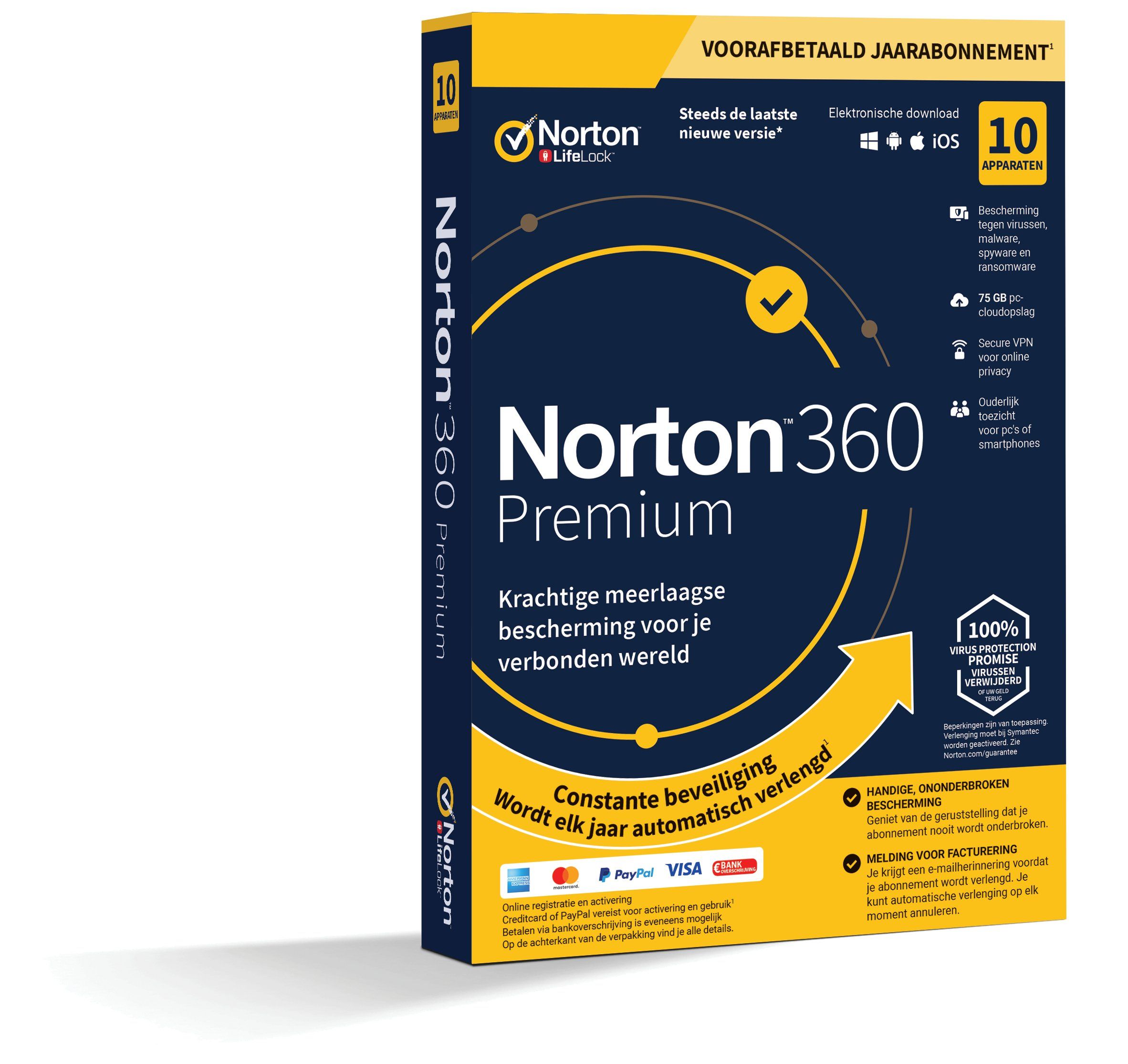 Norton 360 Premium | 10Apparaten - 1Jaar | Windows - Mac - Android - iOS | 75GB Cloud Opslag