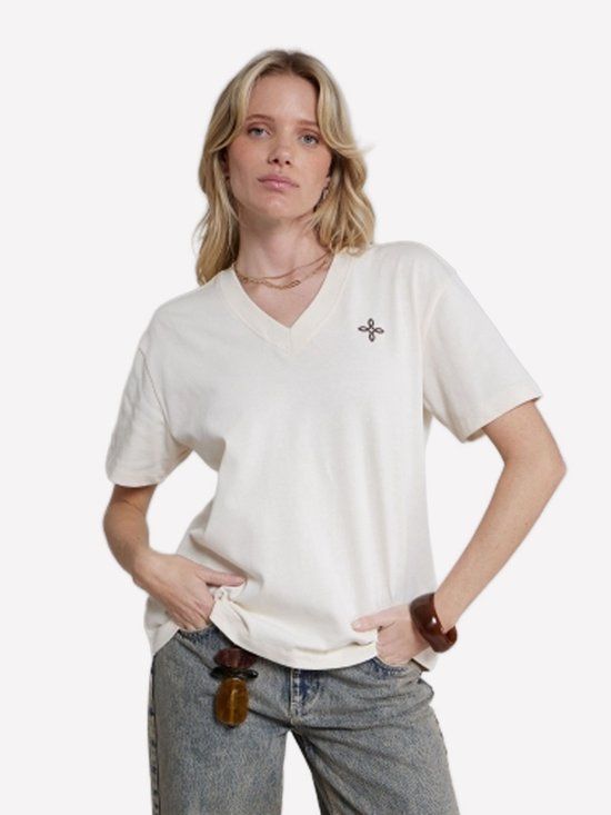 Pink Noir Artemis T-Shirt V-hals Korte mouw Katoen Ecru M (38)