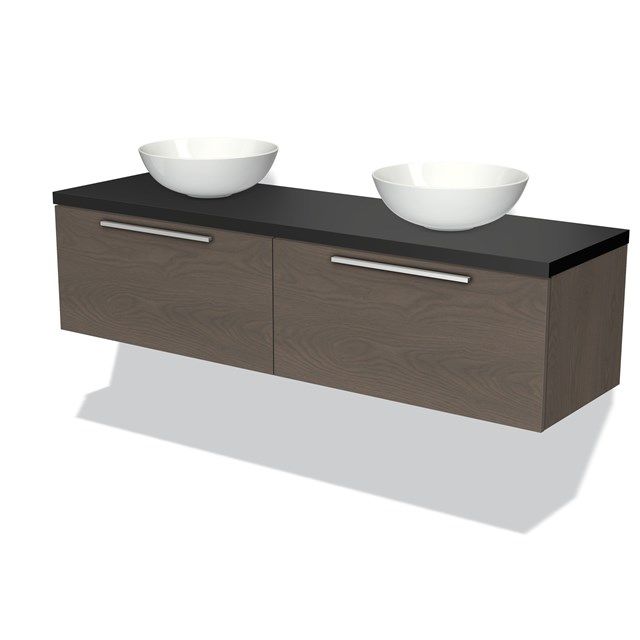 Maxaro Badkamermeubel Modulo Plato 160cm Donkerbruin Eiken 2 Lades Vlak Mat Zwart Blad