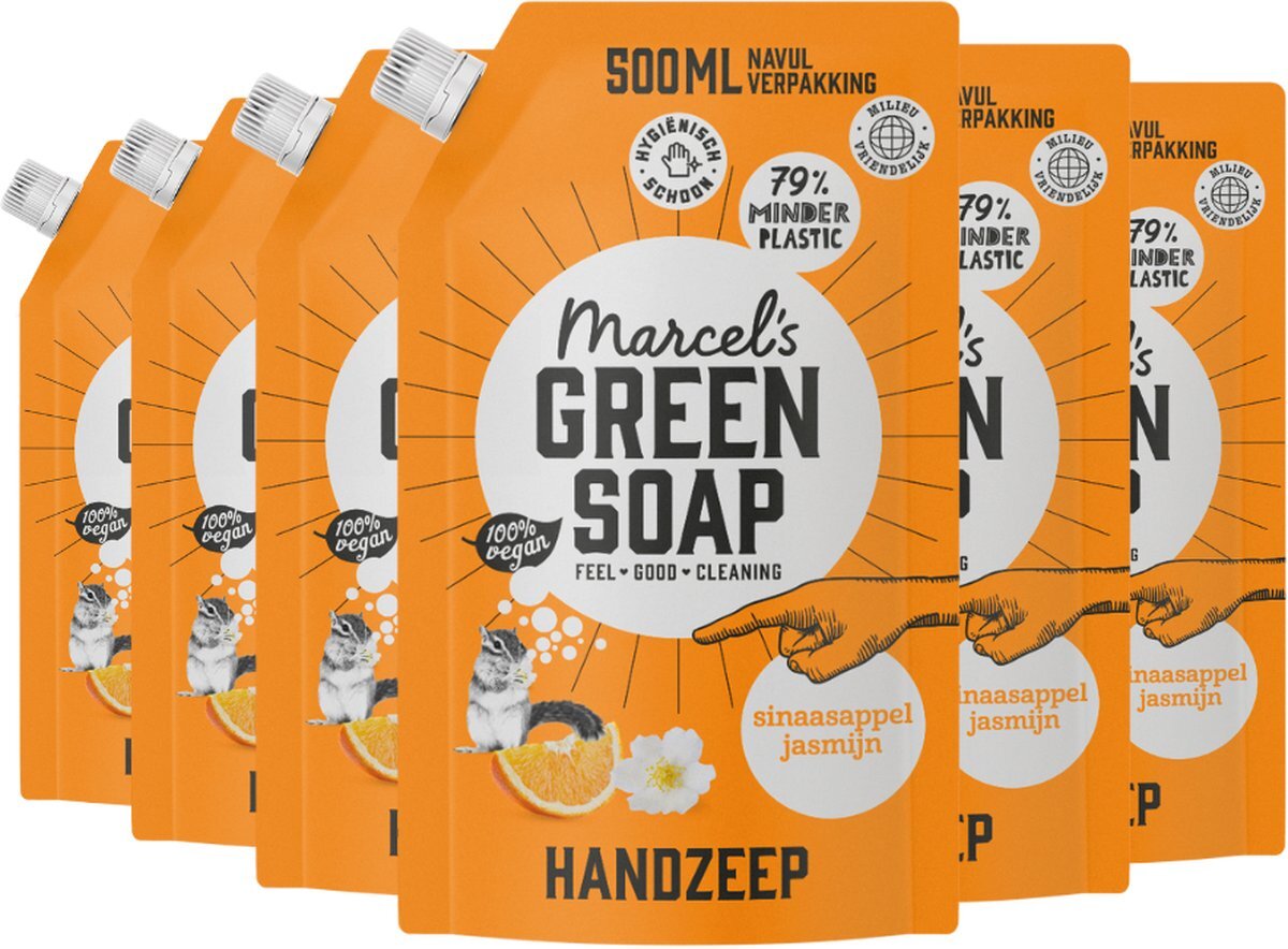 Marcels Green Soap Handzeep Sinaasappel & Jasmijn navulling - 6 x 500 ml