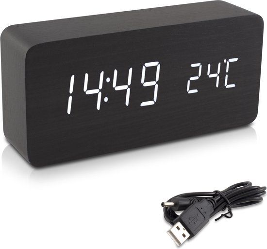 kwmobile Wekker in houtlook digitaal - digitale wekkerweergave van de tijdtemperatuur datum - Wekker met USB-kabel in zwart met witte LED's