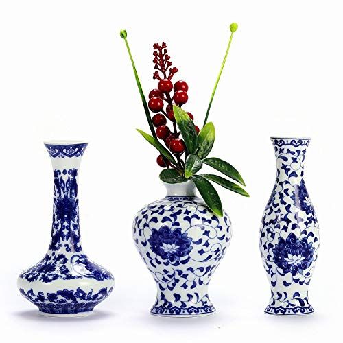 LANLONG Klassieke blauwe en witte porseleinen vazen set, set van 3 kleine keramische bloemenvazen voor woonkamer woondecoratie Chinese vazen (blauw en wit porselein)
