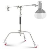 NEEWER Roestvrijstalen zware C-standaard met zwenkwielen, 110-186 cm fotografielampstandaard met 33"/83 cm giekarm, 2 gripkoppen voor studio monolight, softbox, reflector, SC186W