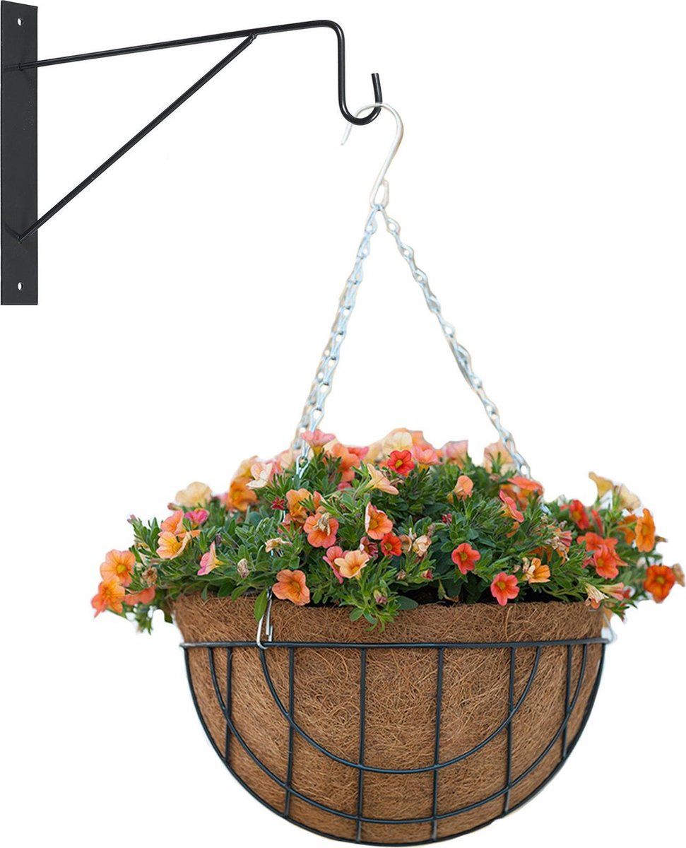 Bellatio Decorations Hanging basket met muurhaak donkergrijs en kokos inlegvel - metaal - complete hanging basket set