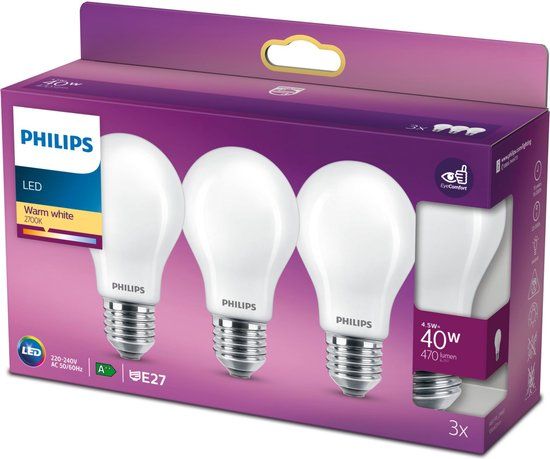 Philips LED Lamp - 3-Pack - E27 - 4.5W - Warm White - 470 lm