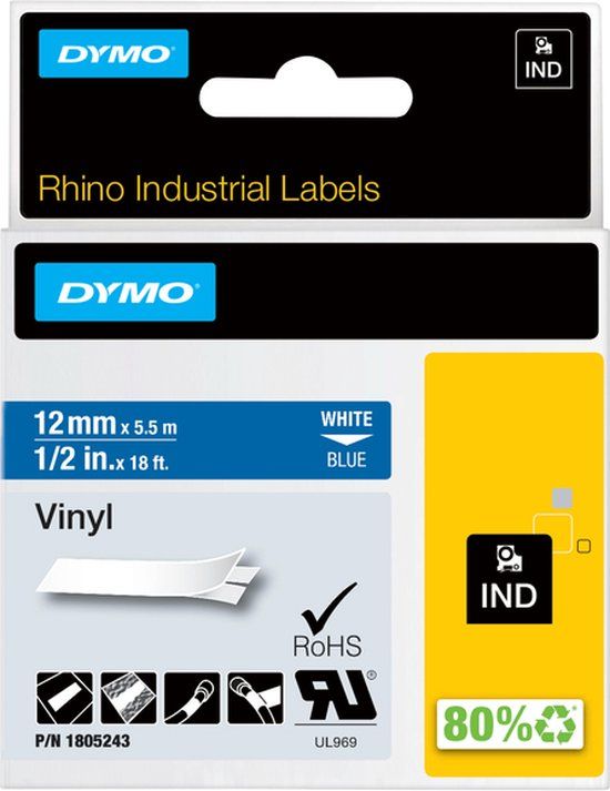 DYMO Rhino Vinyl Labels - 12mm x 5.5m - White on Blue