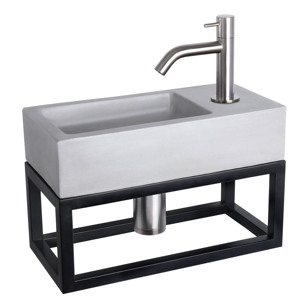 Differnz Fonteinset Rechthoek 38.5x18.5x24.5cm Beton Lichtgrijs Handdoekrek Gebogen Toiletkraan Clickwaste Sifon RVS Look