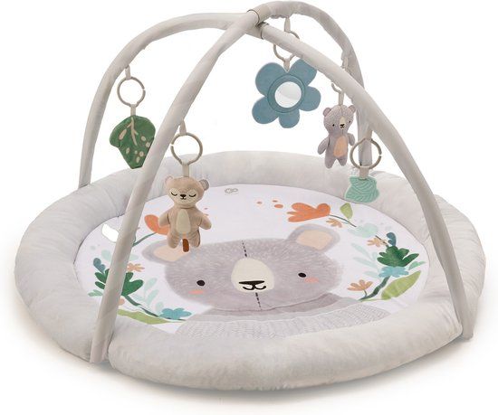 Kinderkraft COZYPLAY Educatief Speelkleed - Met 2 Knuffels, Bijtring en Spiegeltje - Wasbaar, Compact en Draagbaar - Ø91 cm - Lichtgrijs