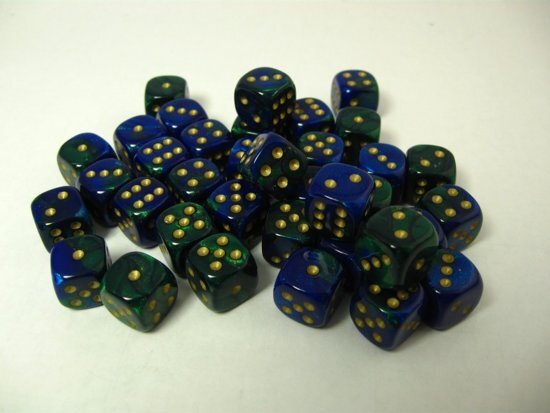 Chessex dobbelstenen set 36 6-zijdig 12 mm Gemini blue-green w/gold