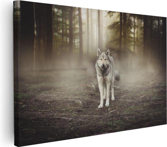 Artaza Canvas Schilderij Grijze Wolf In Het Bos - 120x80 - Foto Op Canvas