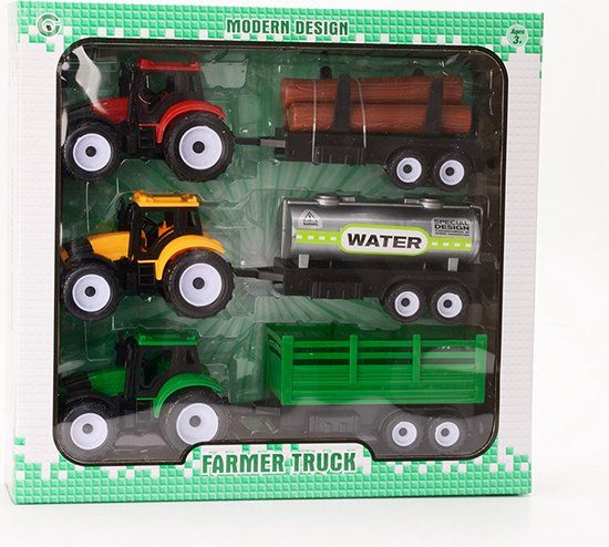 Speelset met 3 tractoren en 3 aanhangwagens s1 - Landbouwmachine - Plastic - 3+ jaar