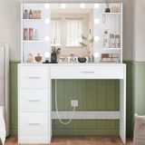 Wan GmbH Table de toilette avec miroir - Table de maquillage - Préparation rapide - Éclairage LED réglable - 4 tiroirs 4 étagères - Blanc