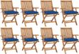 vidaXL Chaises pliantes avec coussins, set de 8 pièces, bois de teck massif