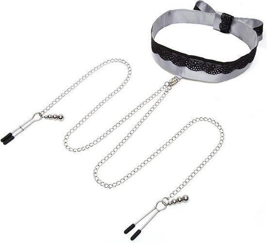 Fifty Shades of Grey - Play Nice Satijn & Kant Ketting & Tepelklemmen - Zilver