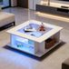 HAUSS SPOLE Table basse - Carré avec plateau en verre et éclairage LED - Espace de rangement pour salon - Panneau de particules haute brillance - 70x70x30 cm - Blanc