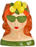 Merkloos Bloempot/vaas vrouwenhoofd - citroenenmeisje - groen - keramiek - 14 x 19 x 12 cm