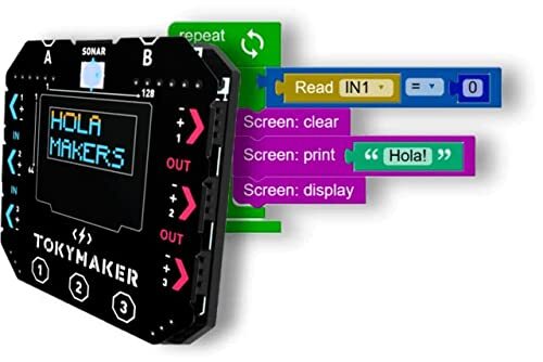 Tokymaker Met OLED-display voor robotleren en programmering met Spaanse tutorial, inclusief motorbediening, wifi, bluetooth en afstandsbediening.
