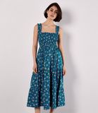 Apricot Midi-jurk met smockwerk en orchideeënprint