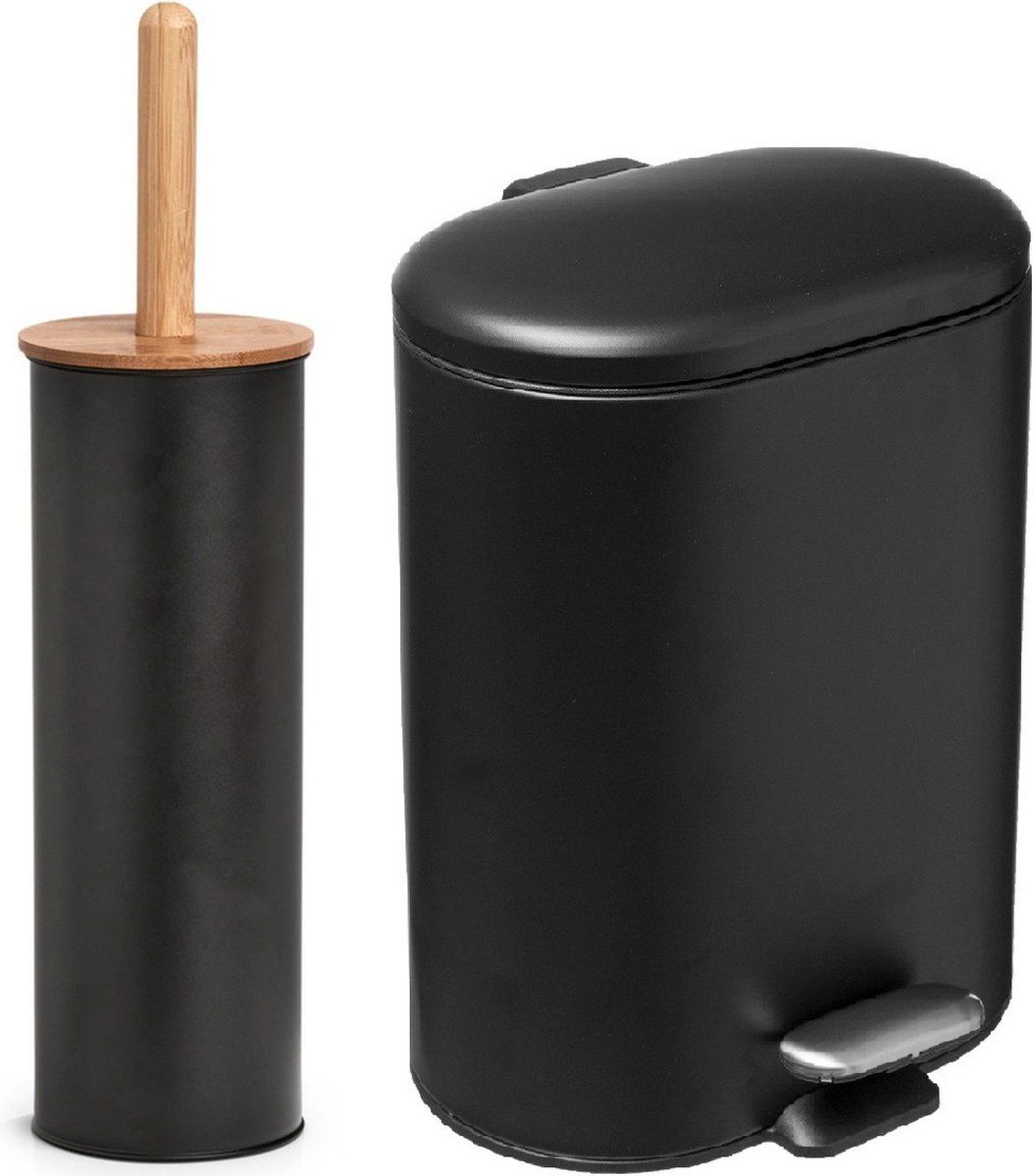 ZELLER Badkamer/toilet accessoires set - WC-borstel/pedaalemmer 6L - zwart - metaal/bamboe