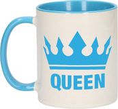 Bellatio Decorations Queen koffiemok - blauw met wit - 300 ml - keramiek