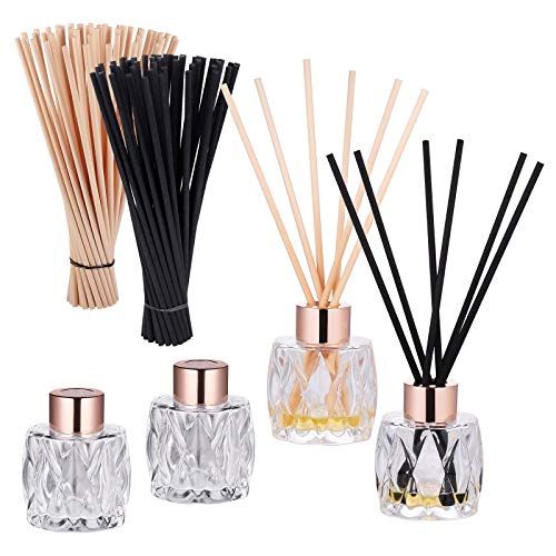 Genneric 4 Pack Riet Diffuser Flessen Leeg met Diffuser Rieten Sticks (50 Stks Zwart & 50 Stks Beige), Diamant Ontwerp Lege Diffuser Fles met Geurstok, Essentiële Olie Houder met Diffuser Olie Geurstok
